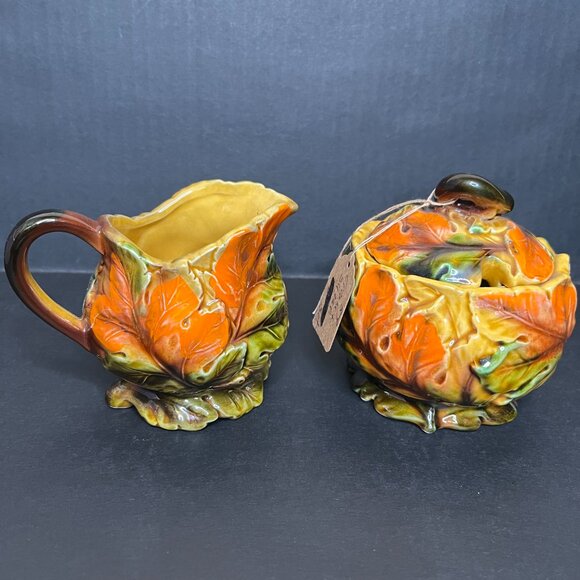 Vintage Cream and Sugar Set Orange Brown Ceramic Pottery Fall Leaves Decor Japan - Picture 4 of 9